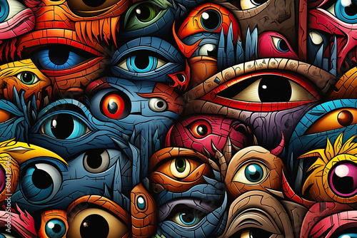 seamless pattern with multicolored looking eyes on colored background