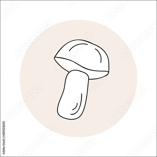 Mushroom line icon black outline in circle. Vector illustration isolated boletus in doodle style.