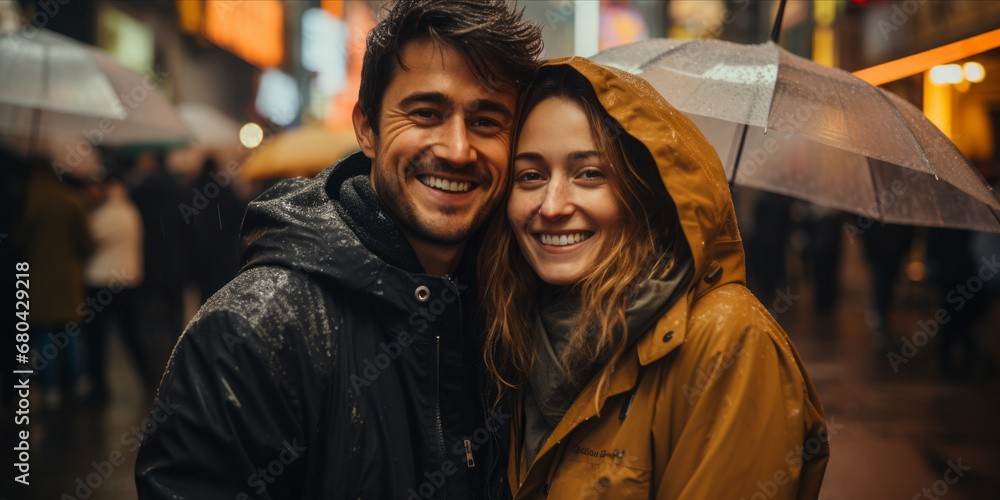 Paar im Regen durch die Straßen Paar im Regen durch die Straßen