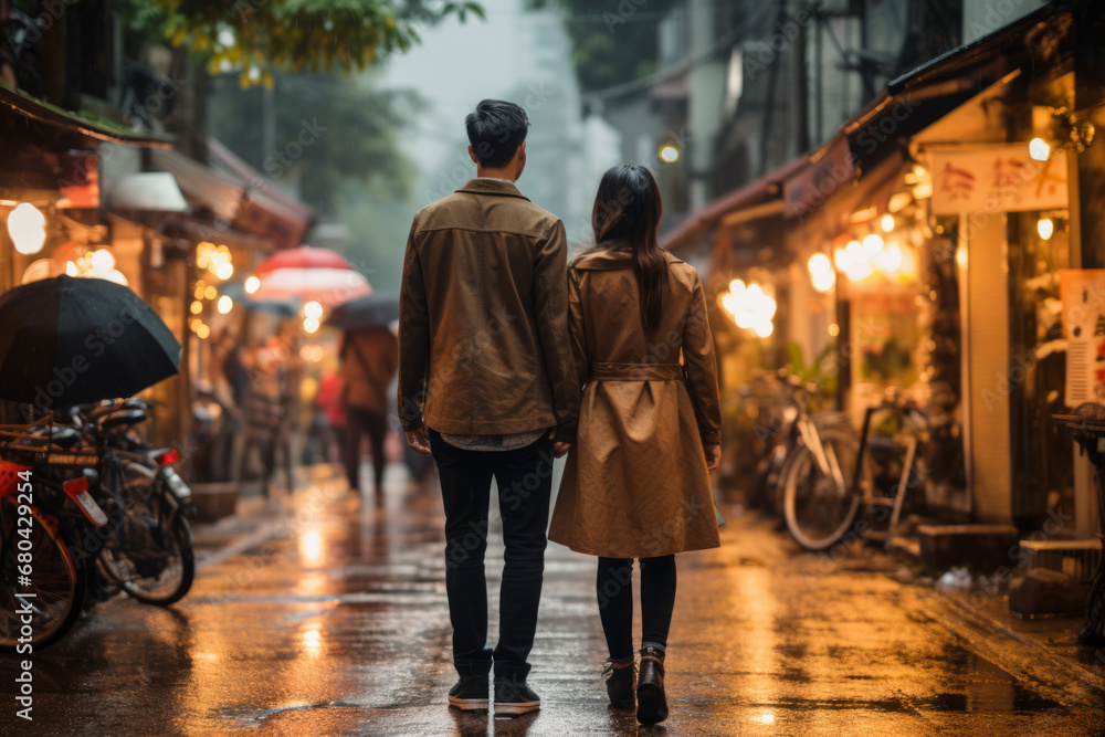Paar im Regen durch die Straßen
