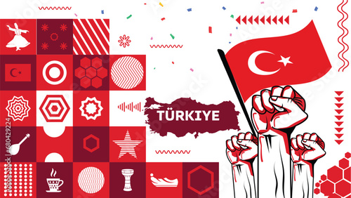 Flag and map of Turkey or Türkiye with raised fists. National Republic day or Independence day design for Turkish celebration. Modern retro red abstract icons. Vector illustration of Ataturk ship.
 photo