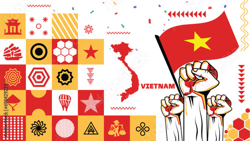 Flag and map of Vietnam with raised fists. National day or Independence day design for Vietnamese celebration. Modern retro design with abstract icons. Vector illustration.