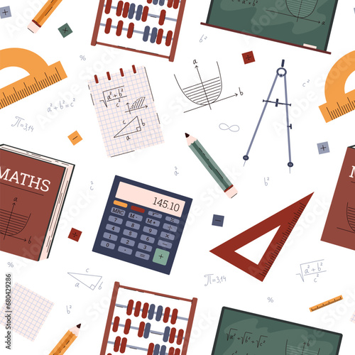 Seamless pattern with geometric and mathematic subjects, students education tools compass, protractor, calculator abacus