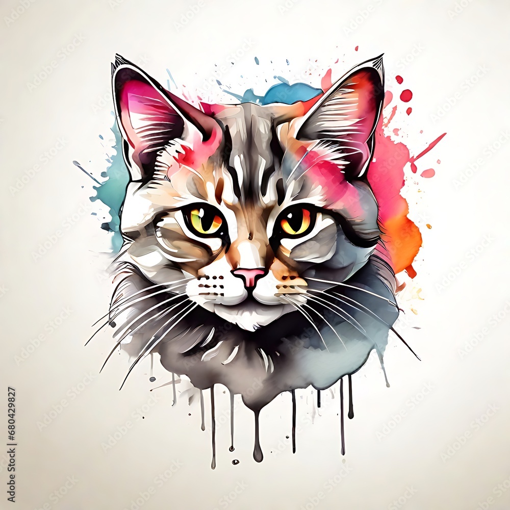 high quality, logo style, Watercolor, powerful colorful cute cat logo facing forward, monochrome background, by ,awesome full color,