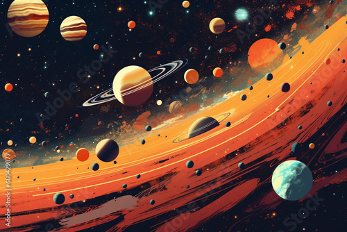 Science  cosmos  astronomy  sci-fi  fantasy and arts concept. Retro style colorful illustration of planets and stars. Minimalist 70-80 s pastel colored and grunge illustration style