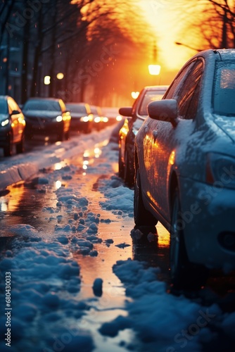 Dynamic shot of a car maneuvering in winter city traffic after snow by Generative AI