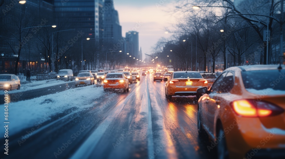 Dynamic shot of a car maneuvering in winter city traffic after snow by Generative AI