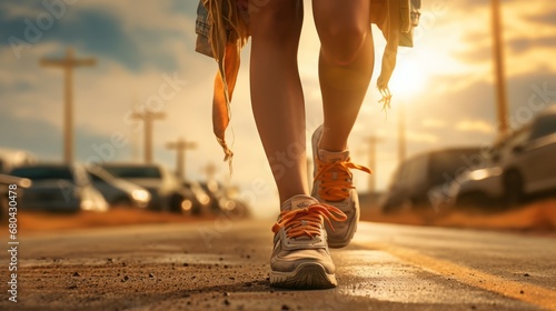 Closeup of a girl walking on the road in a sneakers