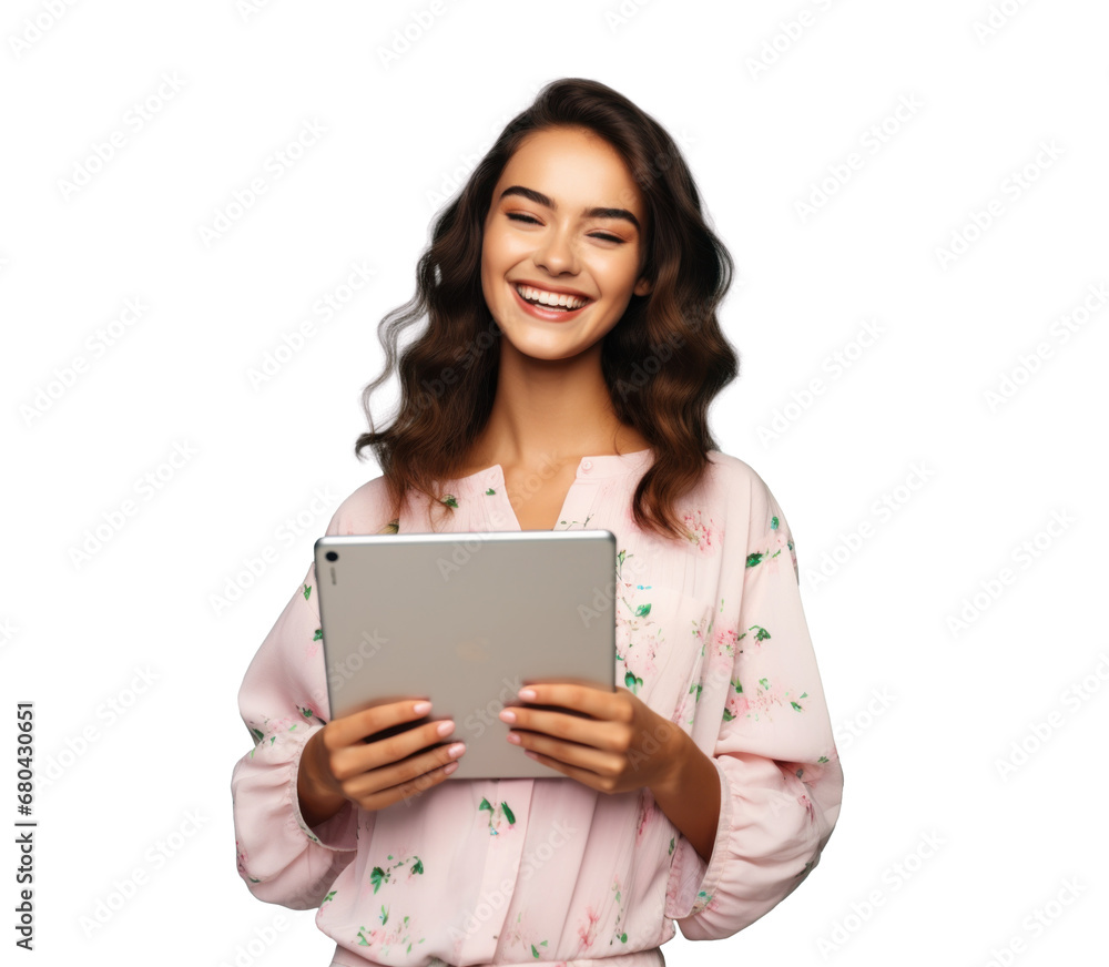 attractive girl using tablet, png file of isolated cutout object with shadow on transparent background. attractive girl using tablet, png file of isolated cutout object with shadow on transparent background.