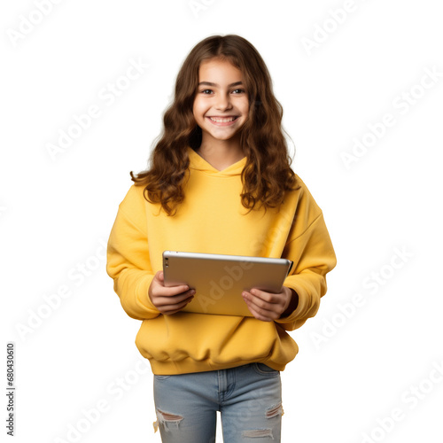 kid girl using tablet, png file of isolated cutout object with shadow on transparent background.