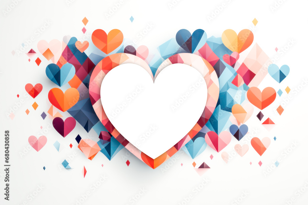 multicolored of colorful hearts in various shades to form a larger heart shape, with a central white heart is a empty space for your message or design. Mockup of Valentines Day card. Template - obrazy, fototapety, plakaty 