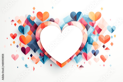 multicolored of colorful hearts in various shades to form a larger heart shape, with a central white heart is a empty space for your message or design. Mockup of Valentines Day card. Template