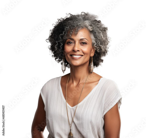 attractive black older woman, png file of isolated cutout object with shadow on transparent background.