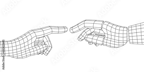 The robot and human hand touch each other. Two hands in form of polygonal mesh, wireframe.