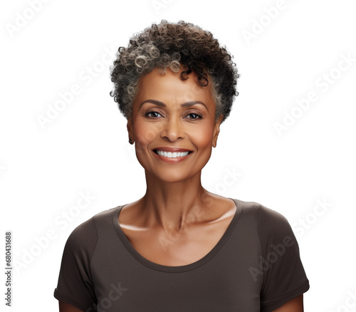 attractive black older woman, png file of isolated cutout object with shadow on transparent background.