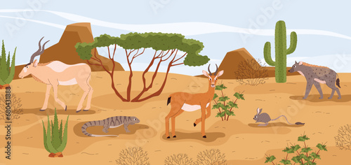 Desert landscape with different smiling animals flat style