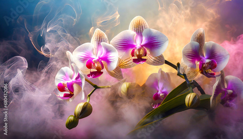 Close-up of orchid flowers, colored, abstract background with orchids, surrounded by beautiful colored smoke, with shallow depth of field.