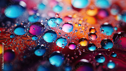 Water drops on a colorful background. Shallow depth of field. Macro photography of water drops.