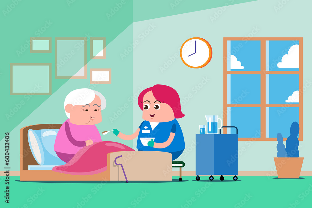 emotion cute vector, illustration flat cartoon character lifestyle senior woman on bed at home, relax, sleep, sick and nurse take care. emotion cute vector, illustration flat cartoon character lifestyle senior woman on bed at home, relax, sleep, sick and nurse take care.