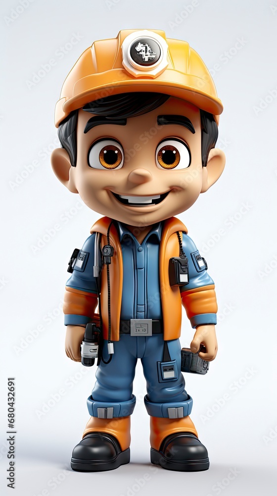 Animated construction worker character with tools.