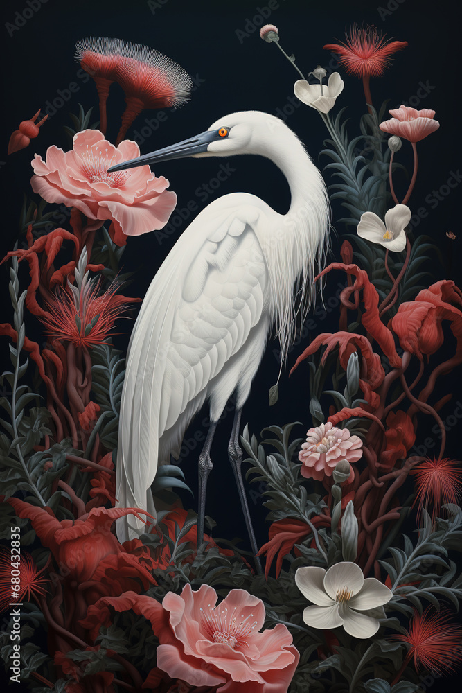 Fototapeta premium Image of demoiselle crane with beautiful red flowers in the forest on a natural background. Birds., Wildlife Animals.
