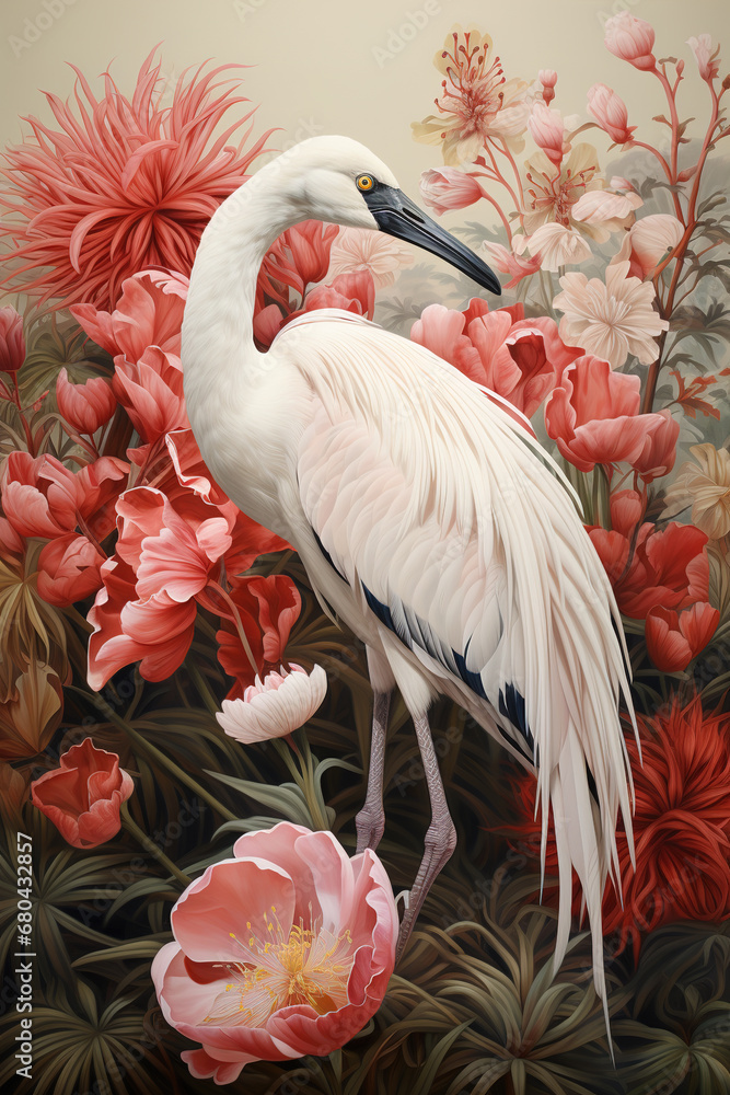Fototapeta premium Image of demoiselle crane with beautiful red flowers in the forest on a natural background. Birds., Wildlife Animals.