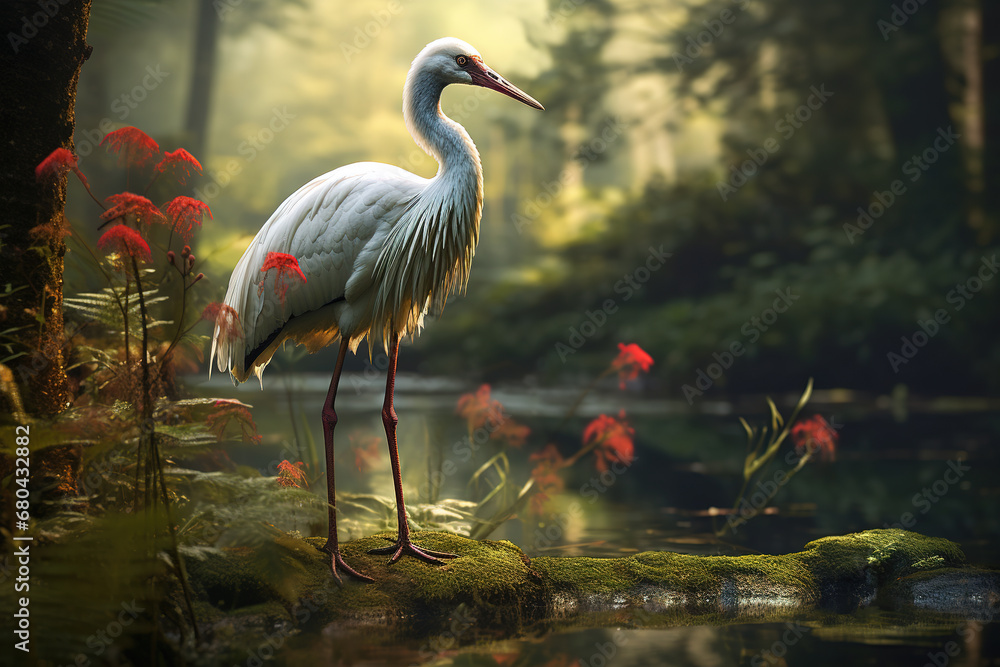 Fototapeta premium Image of demoiselle crane with beautiful red flowers in the forest on a natural background. Birds., Wildlife Animals.