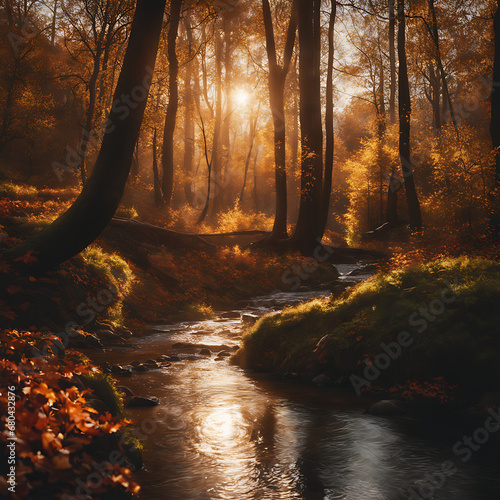 A fall forest with a stream in the middle