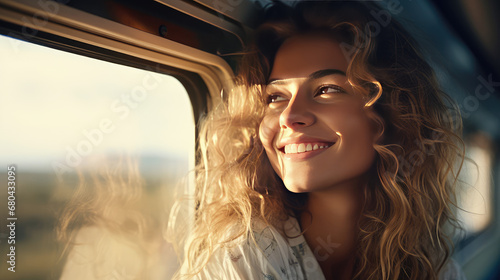 Happy smiling blond young pretty woman look from window, concept of traveling by train, land travel, public transport, countryside trip by train or electric train.