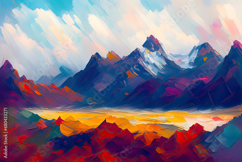 Contemporary Digital Oil Painting of Mountain Landscape in Vibrant Colors © Talhashahi
