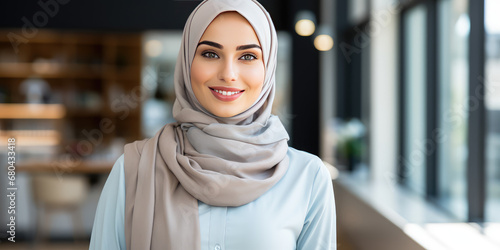 Pretty calm young muslim woman in business center, portrait of successful businesswoman in grey headscarf. 