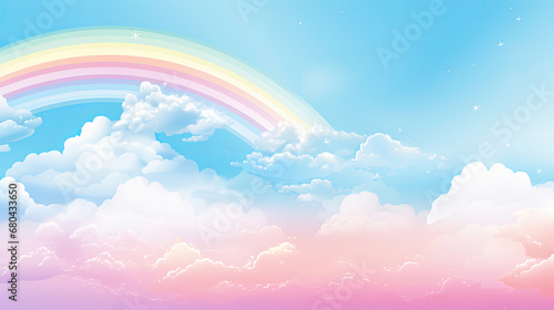 Rainbow and clouds on blue sky background. 3D illustration. 