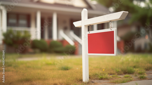 Sign outside a country classic family home. Red Blank FOR SALE or SOLD sign template for text. photo