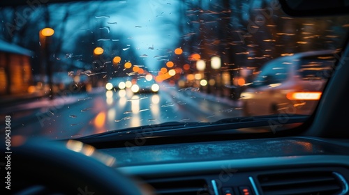 Dynamic shot - a view from the inside of a car maneuvering in winter city traffic after snow by Generative AI © sonatik