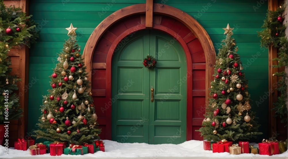 Christmas tree and tree decorations on the snow behind wooden door, in the style of vibrant stage backdrops, pastoral charm, maroon and green, ready-made,  cottagecore, arched doorway, backdrop, 