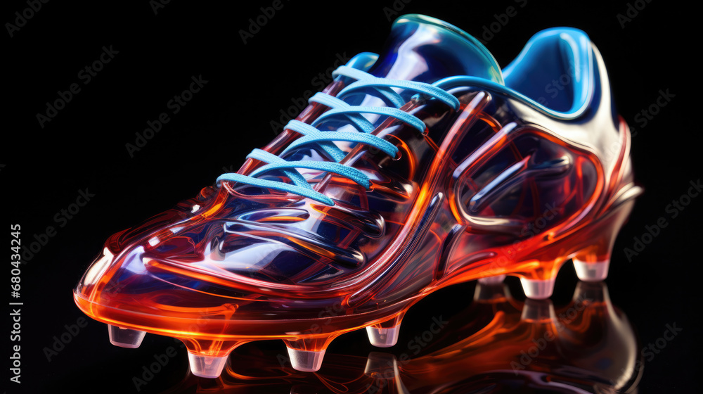 Fototapeta premium Soccer cleat with neon light on black background. 3d illustration.