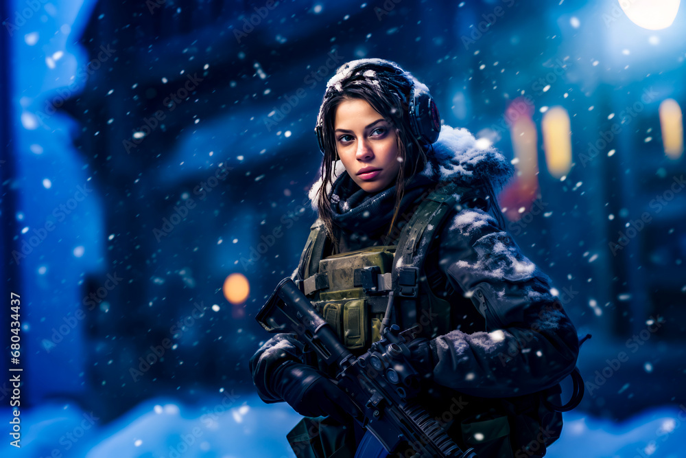 Woman with gun standing in the snow with snow falling on her.