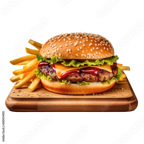 Burger with French fries on a wooden board on  transparent background