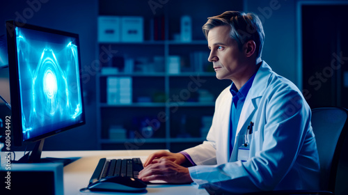 Man in white lab coat sitting at desk in front of computer.