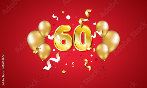 Numeral 60 on red background. Golden balloons and streamers.	