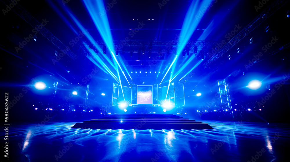Stage with bright lights and stage set up for concert or show.