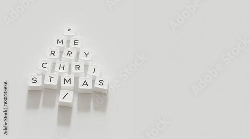 Christmas Tree Symbol made by white color Computer keys cap on white background. Minimal Christmas idea concept flat lay. 3D Rendering
