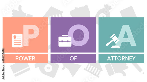 POA, Power of Attorney. Concept with keywords and icons. Flat vector illustration. Isolated on white background.