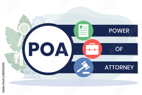 POA, Power of Attorney. Concept with keywords and icons. Flat vector illustration. Isolated on white background.