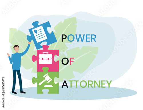 POA, Power of Attorney. Concept with keywords and icons. Flat vector illustration. Isolated on white background.