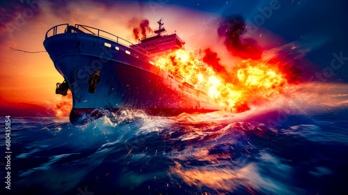 Large boat on body of water with lot of fire coming out of it.