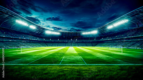 Large empty soccer stadium with green field and cloudy sky at night.