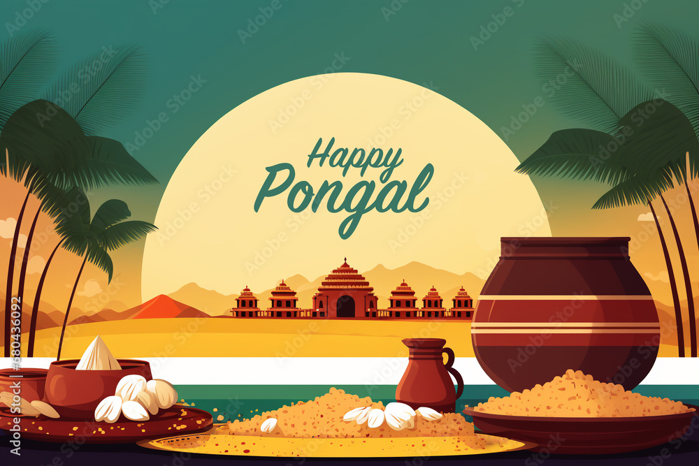 Happy Pongal Religious Festival , Tamil Harvest Festival Of South India - obrazy, fototapety, plakaty 