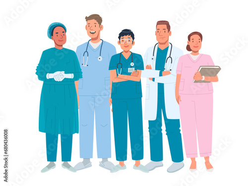 Doctors. Medical team. Men and women working in the healthcare sector. Vector illustration