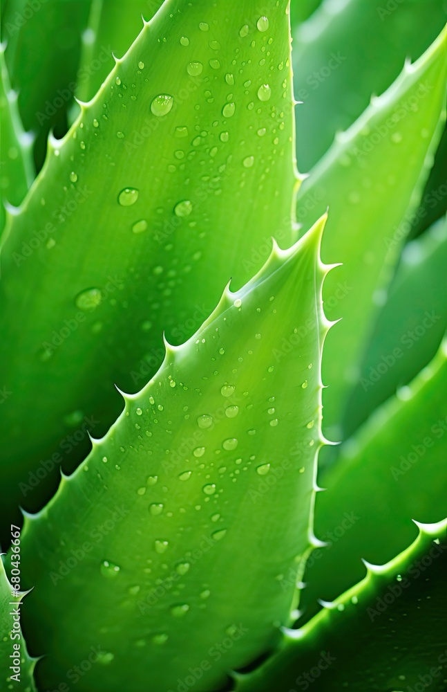 Lush aloe vera close-up with dew drops, rich green tones Lush aloe vera close-up with dew drops, rich green tones